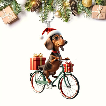 Festive Christmas Cycling Dog Acrylic Ornament