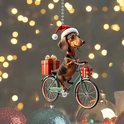 Festive Christmas Cycling Dog Acrylic Ornament