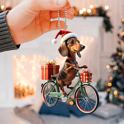 Festive Christmas Cycling Dog Acrylic Ornament