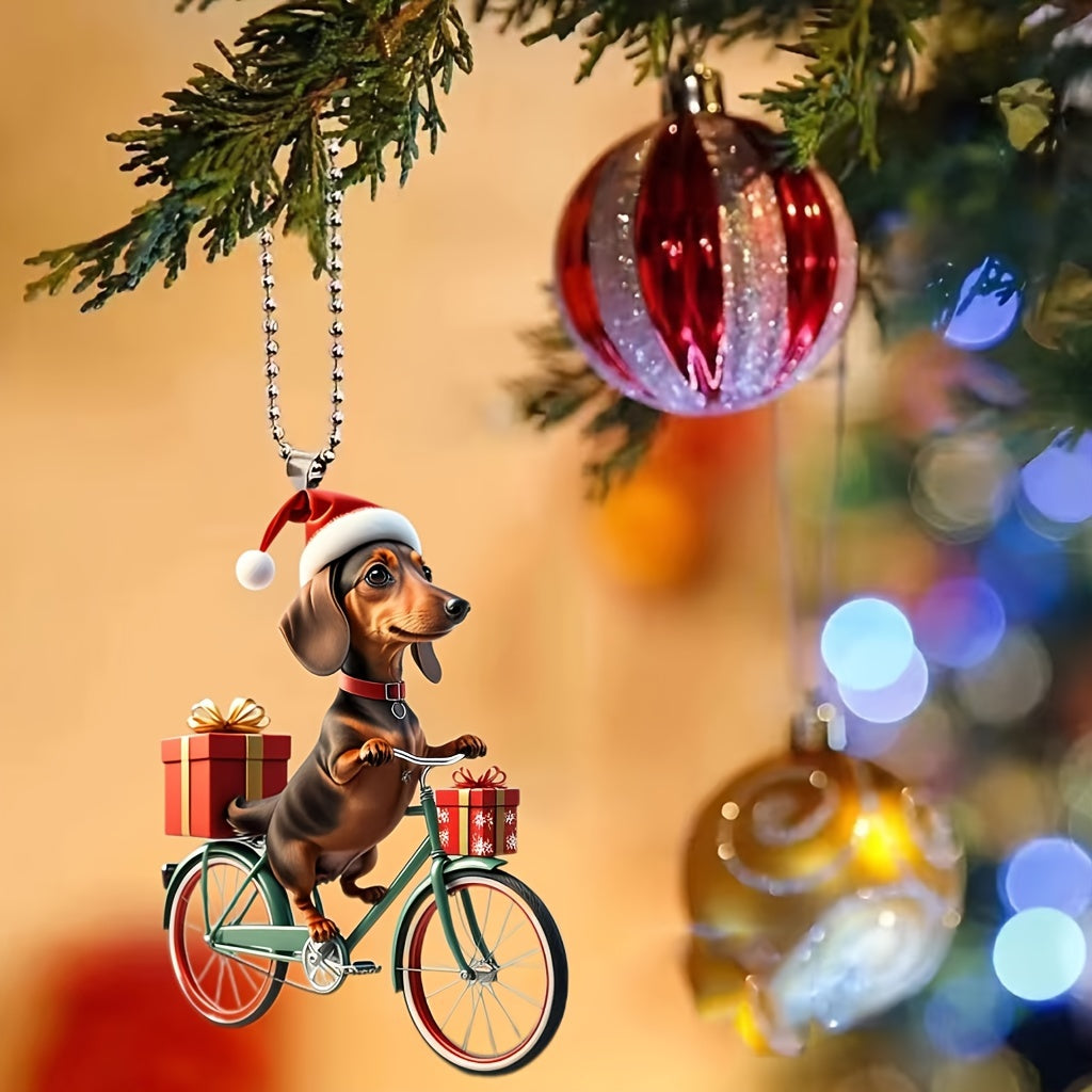 Festive Christmas Cycling Dog Acrylic Ornament